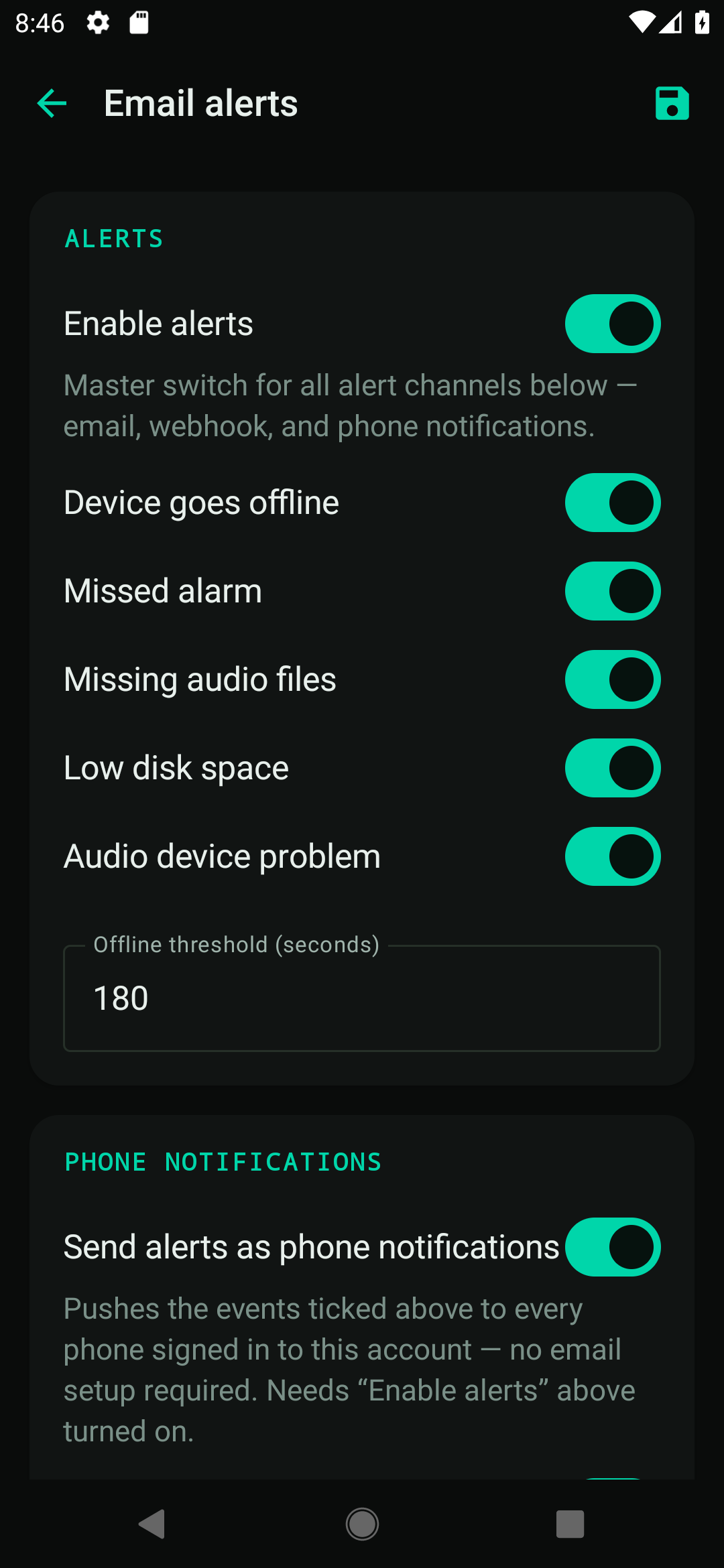Emergency alerts screen in the Multilarm Android app