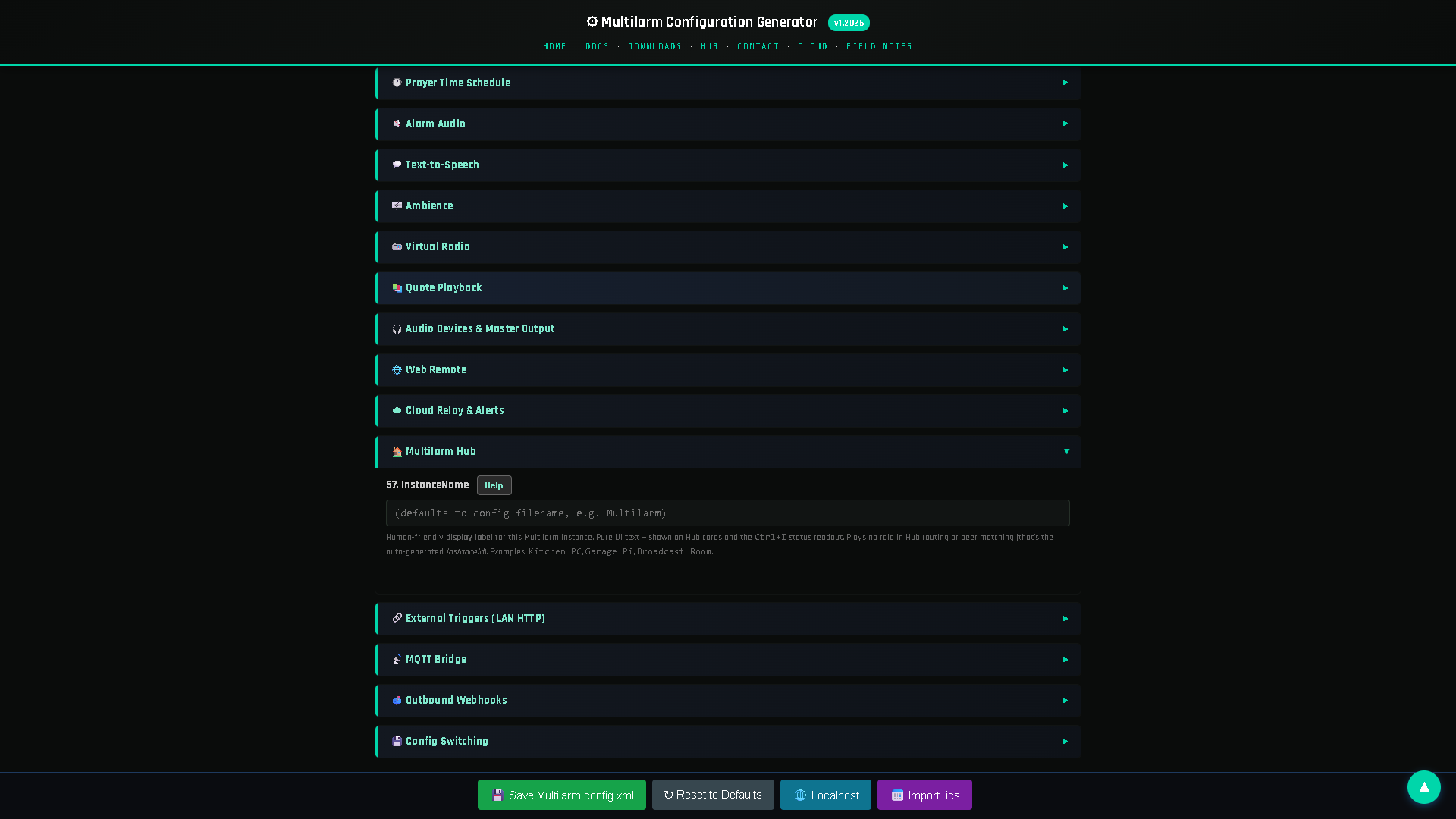 Multilarm Hub visual display showing prayer times
