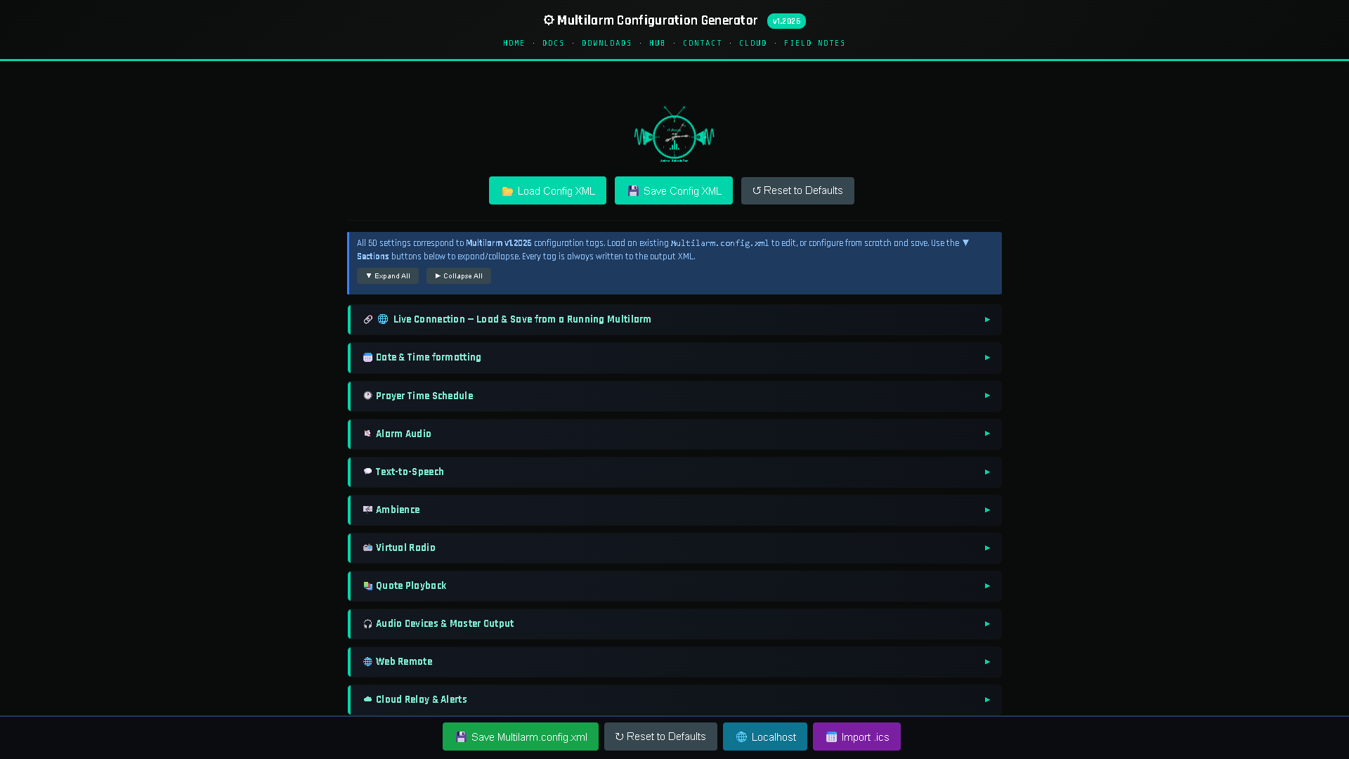 Multilarm config generator overview showing the module sections